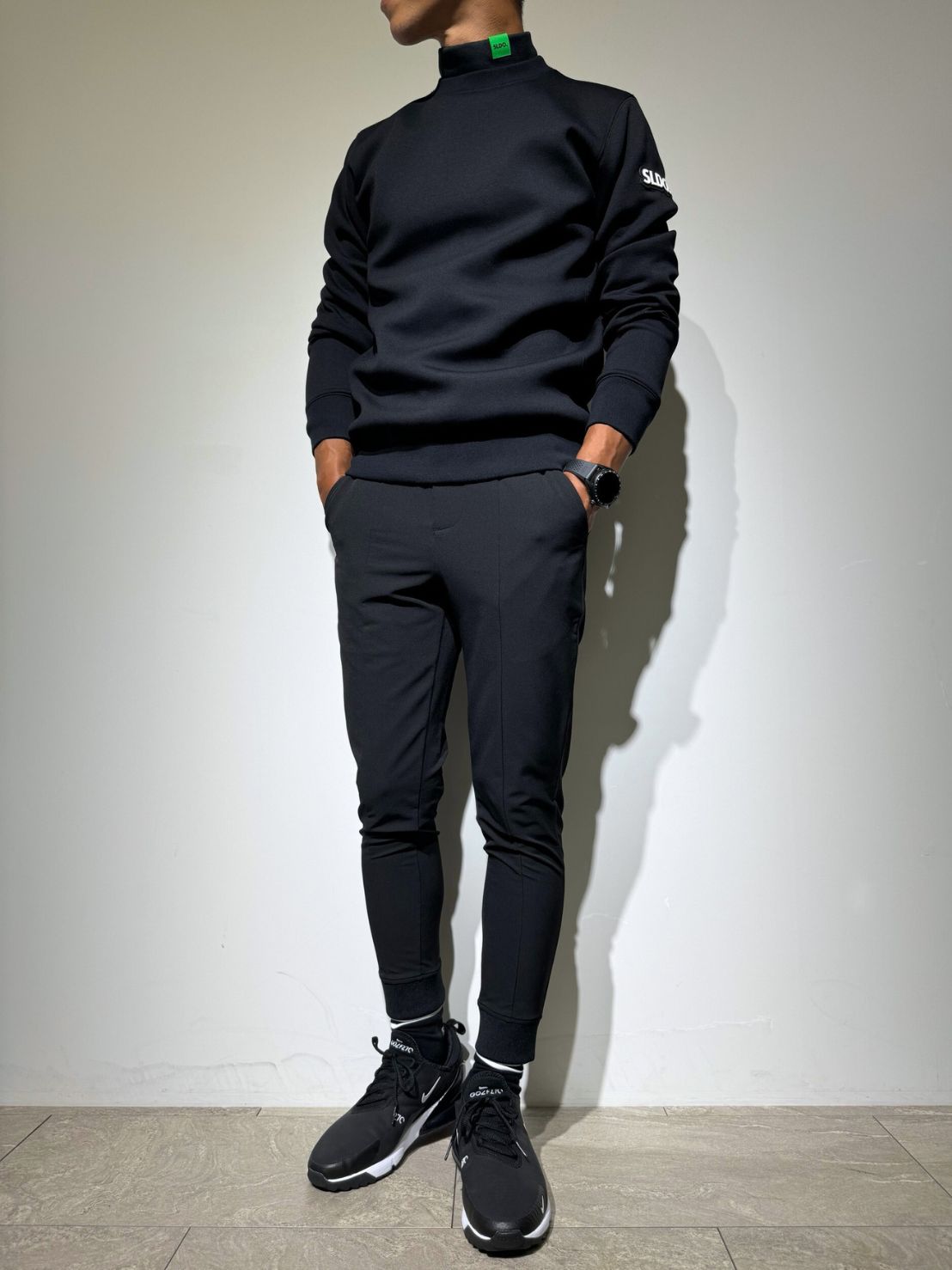 NEW STDダブルクロスストレッチリブパンツ/BLACK×BLACK LOGO (UNISEX