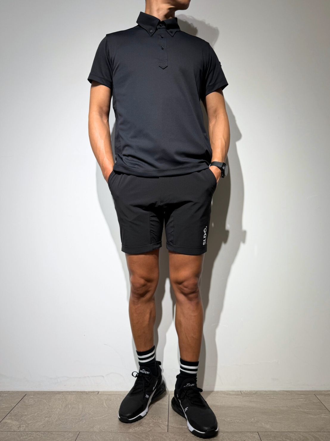 SLIDO ブラックパンツ Lサイズ CODURA(R) NYLON 4WAY STRETCH ハーフパンツ FRONT BACK ZIP LOGO