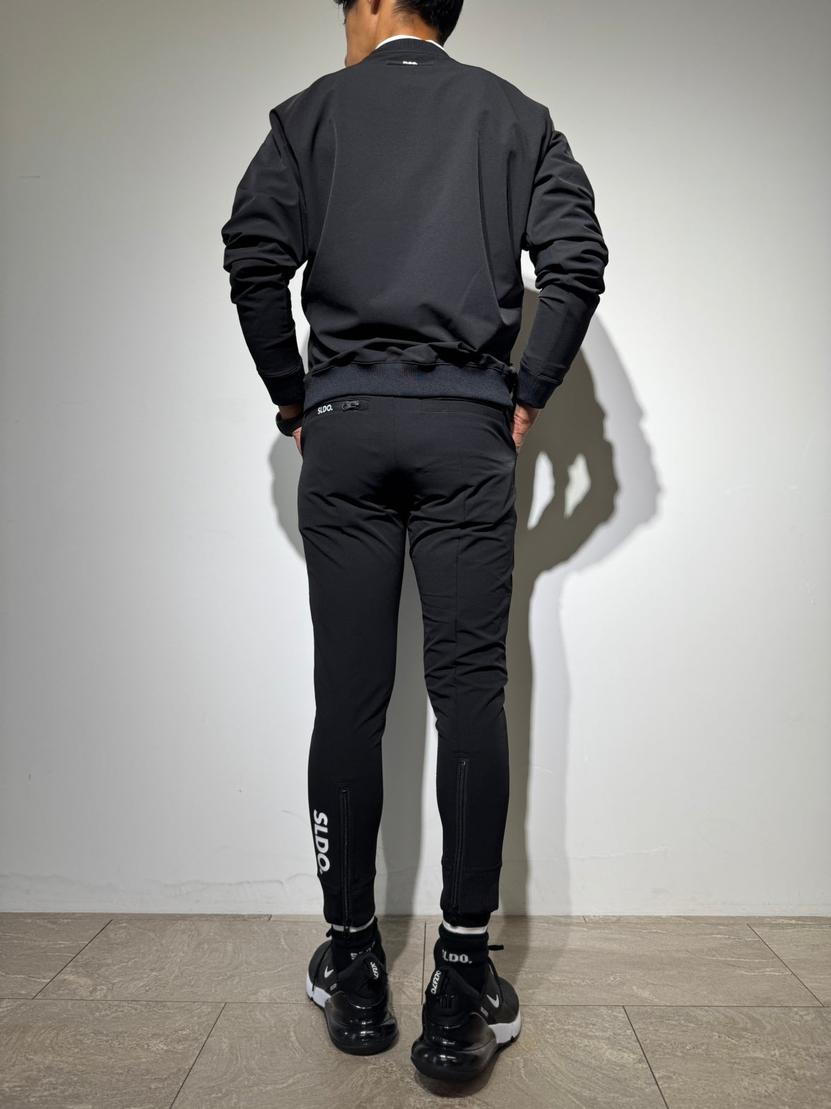 NEW STDダブルクロスストレッチリブパンツ/BLACK×WHITE LOGO(UNISEX