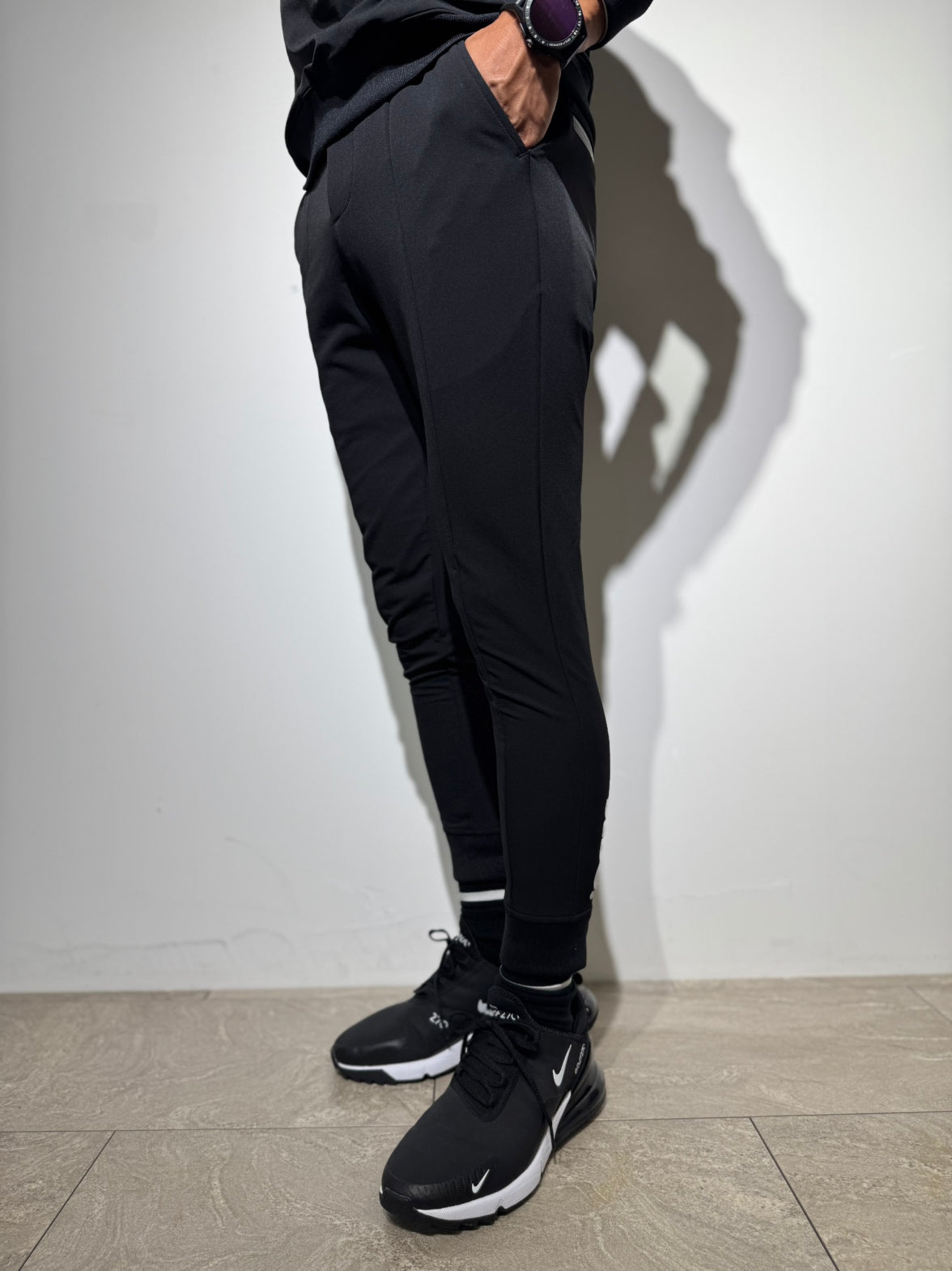 NEW STDダブルクロスストレッチリブパンツ/BLACK×WHITE LOGO(UNISEX