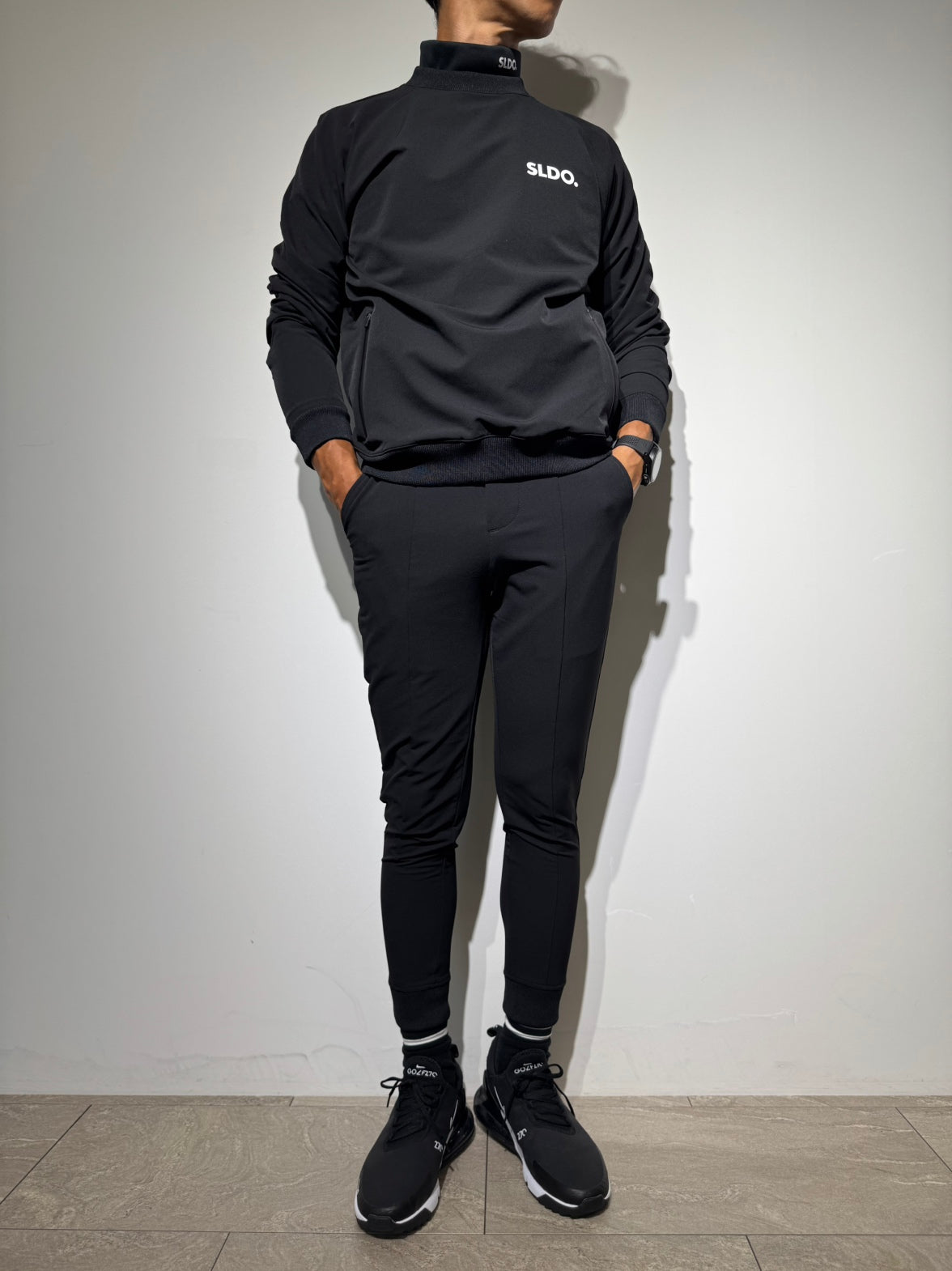 NEW STDダブルクロスストレッチリブパンツ/BLACK×WHITE LOGO(UNISEX